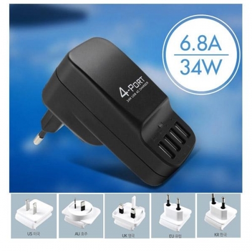 6.8A34W USB 4포트 전원 멀티 충전기-블랙(해외용 5종 플러그 포함) (CN2684)