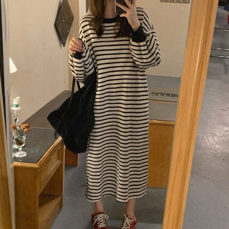 캐주얼 박스핏 루즈핏 스트라이프 롱 원피스